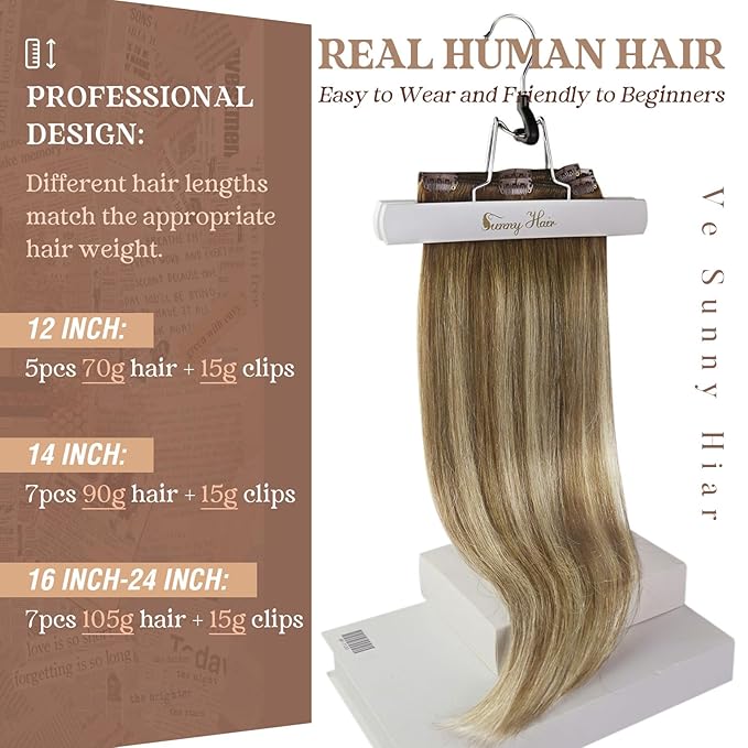 Ve Sunny Balayage Clip in Hair Extensions Real Human Hair Brown Blonde Human Hair Clip in Extensions Balayage Chestnut Brown with Blonde Ombre Clip in Human Hair Extensions 80g 5pcs 12Inch