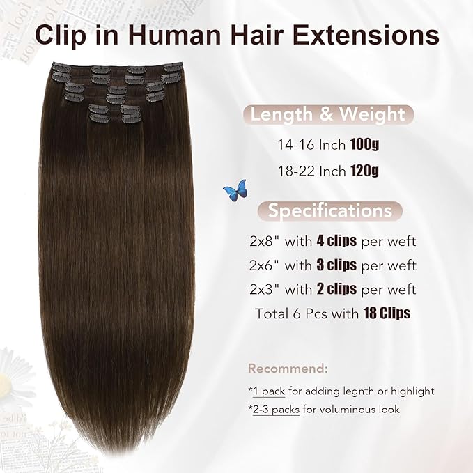 XDhair 18 Inch Medium Brown Hair Extensions Real Human Hair Clip in Extensions 120G 6pcs Clip in Hair Extensions for Women #4 18 Inch