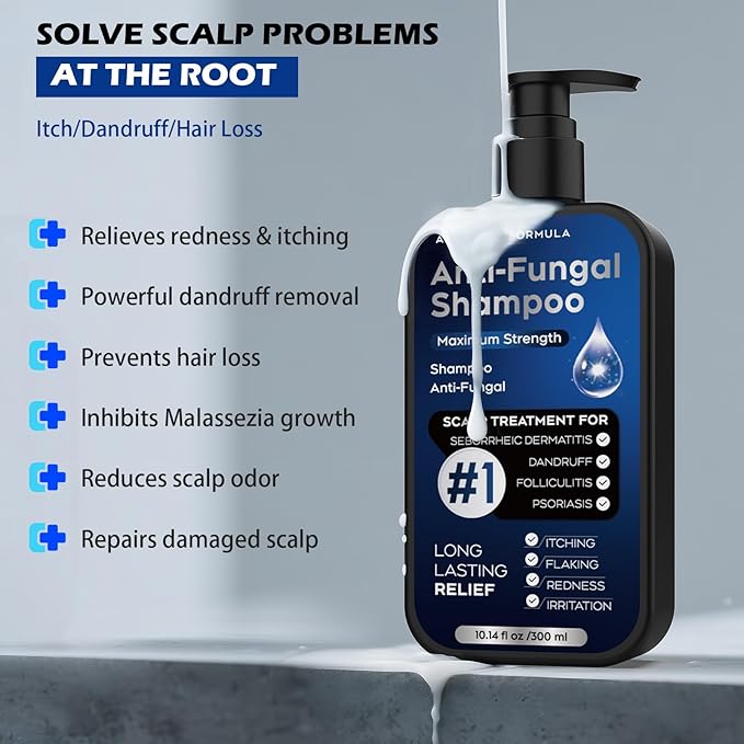 Antifungal Shampoo for Seborrheic Dermatitis, Folliculitis & Scalp Psoriasis, Anti-Dandruff Shampoo for Men & Women, Relieves Scalp Itching, Dryness, Sulfate & Paraben-Free, 10.1 Fl Oz-Fresh