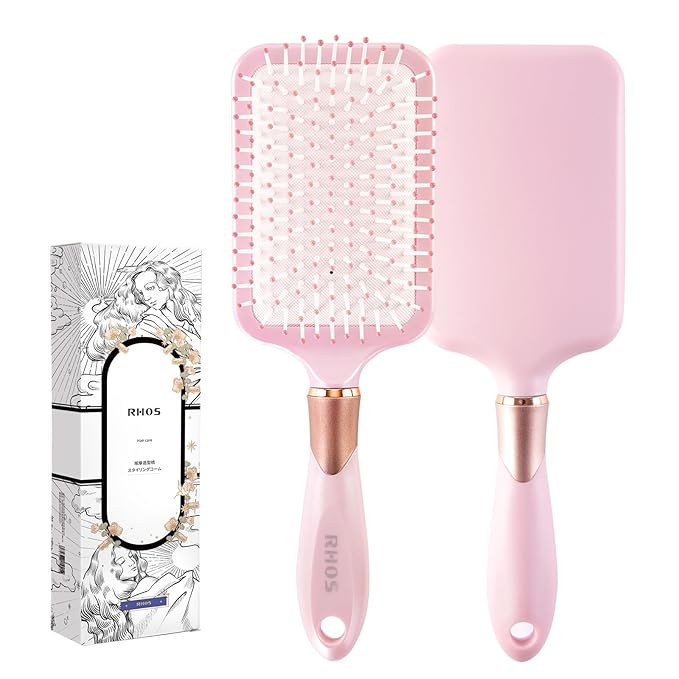 RHOS Paddle Brush for Women & Men - Detangler for Thick, Curly, Long, Wet & Dry Hair - Nylon Bristles Square Cushion Brush for Smoothing and Detangling (1 Pack - Pink)