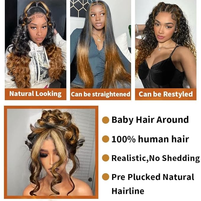 360 Lace Front Wigs Human Hair, Ombre, 30 Inch, Unprocessed Brazilian Virgin Hair, Medium Cap, Adjustable Straps, No Chemicals