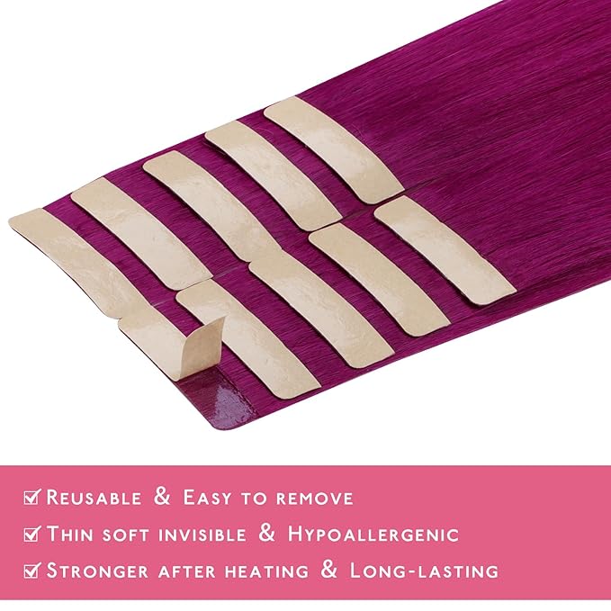 WENNALIFE Tape in Hair Extensions Human Hair Violet Tape in Extensions, 10pcs 25g 18 inch Remy Invisible Tape Ins Straight Colored Soft Real Human Hair Tape in Extensions Refill Set Extensions