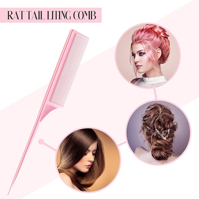 2 Pack Rat Tail Combs for Women Fine Tooth Comb Parting Tip Carbon Fiber Root Teasing Anti Static Heat Resistant Adding Volume Evening Hair Styling (Pink)