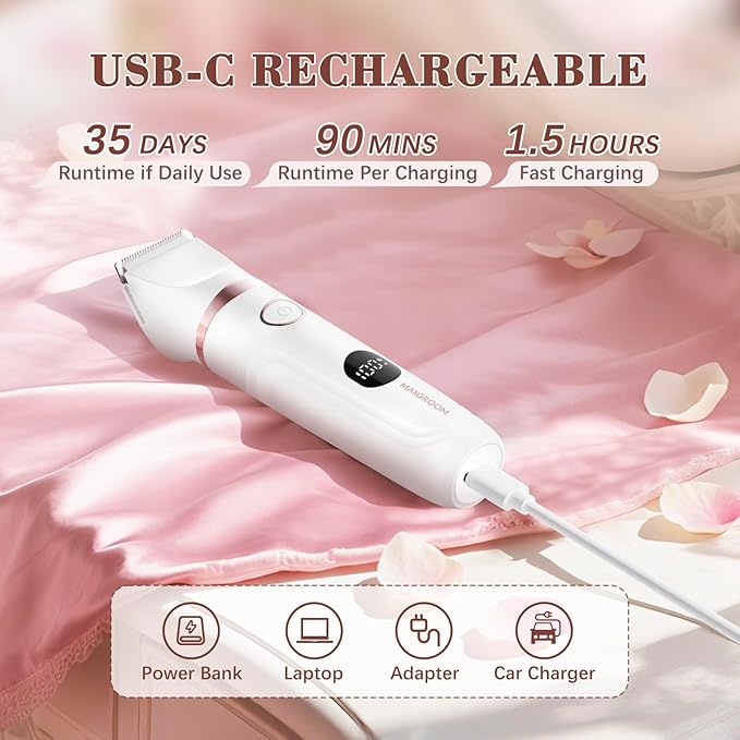 Bikini Trimmer for Women, 3-in-1 Waterproof Electric Shaver, Cordless Pubic & Body Hair Trimmer, Facial Shaver, Easy-Clean Razors with Ceramic Blade, Type-C Rechargeable, Led Display