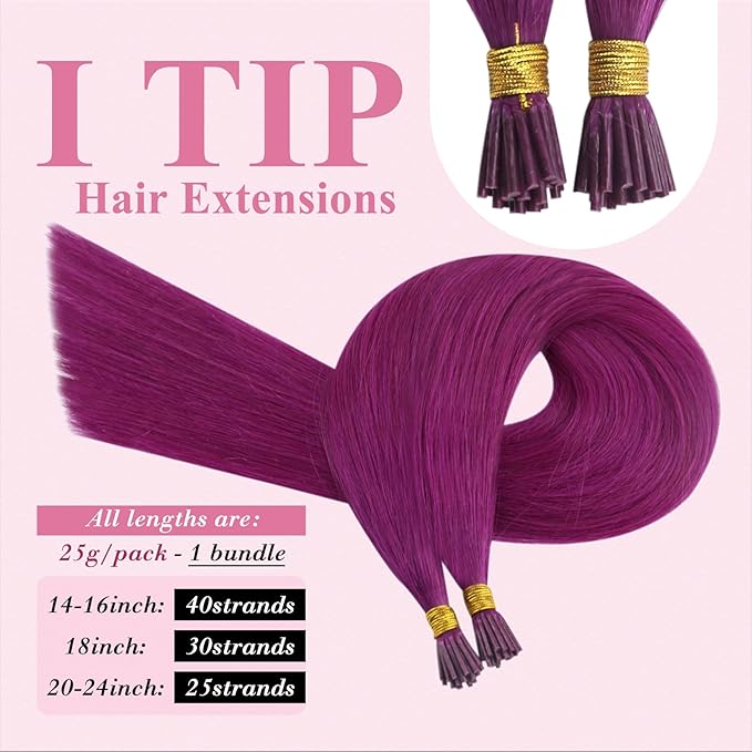 YoungSee I Tip Hair Extensions Human Hair Purple Itip Human Hair Extensions Colorful Human Hair Extensions I Tips Purple I-Tip Remy Hair 25g 40s Cold Fusion 14In for Party