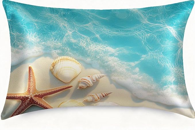 Imitation Silk Pillow Case for Hair and Skin Beautiful Beach and Starfish 1 Pack Satin Pillow Case Standard Size with Hidden Zipper Smooth Cooling Pillow Cover for Sleeping 20”x26”