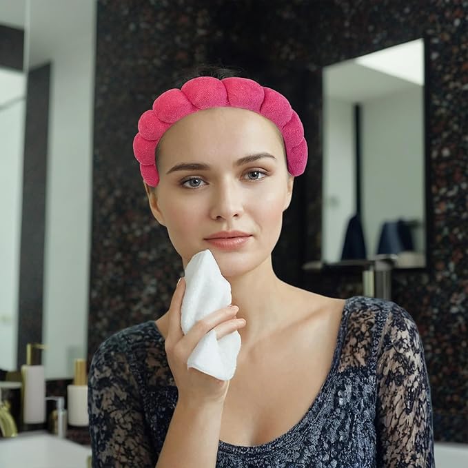 7 Pcs Spa Set, Facial Headband and Wristband Set, Skincare Accessories, College Style Girl Idea Gifts, Hair Accessories for Women and Girls（Hot Pink）