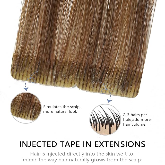 COOKAYU Tape in Human Hair Extensions, Invisible Tape in Extensions Medium Brown to Caramel Blonde 16Inch 35g 20pcs Injected Human Hair Seamless Invisi Edge Tape