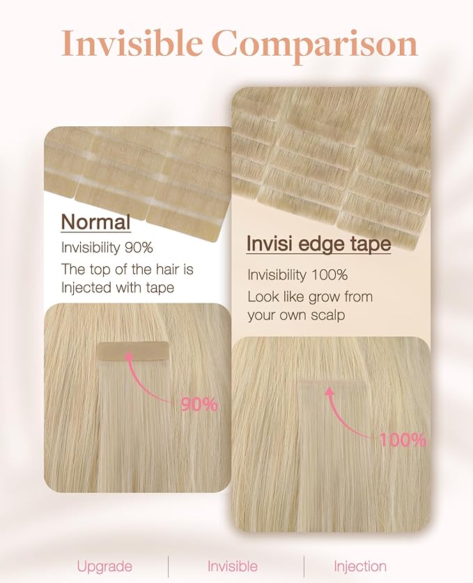 GOO GOO Invisi Edge Tape in Hair Extensions Human Hair, 18ET90A Natural Blonde Balayage 20pcs 10inch 30g, Virgin Remy Hair, Seamless Injected Tape, Natural Look