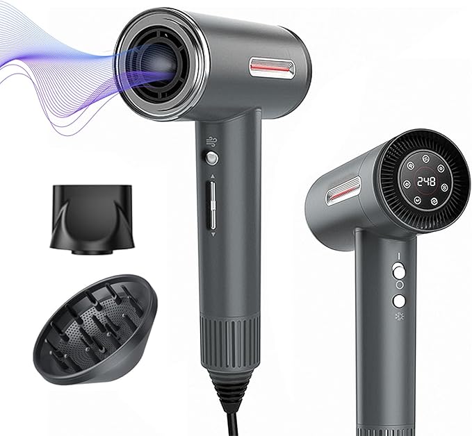 Hair Dryer, 180000 RPM High-Speed Brushless Motor, 1 Min Fast Drying & No Heat Damage, 600 Million Negative Ions with Concentrator & Diffuser, Salon-Level 7 Temp / 3 Speed, HD Digital Screen,Gunmetal