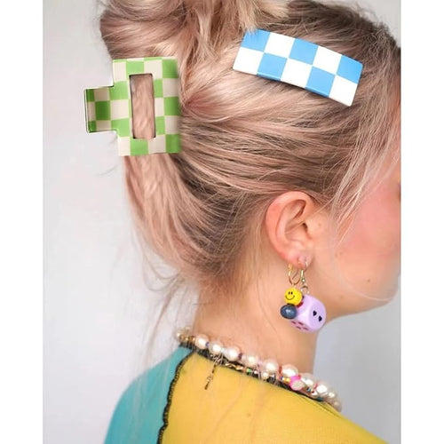 4 PCS Checkered Hair Clips (1.9 x 1.9 x 1.4 inches) for Thin or Thick Hair - Y2K Colors - Nonslip Hair Claw Clips for Women - Hair Clips Gift Set for Adult Women