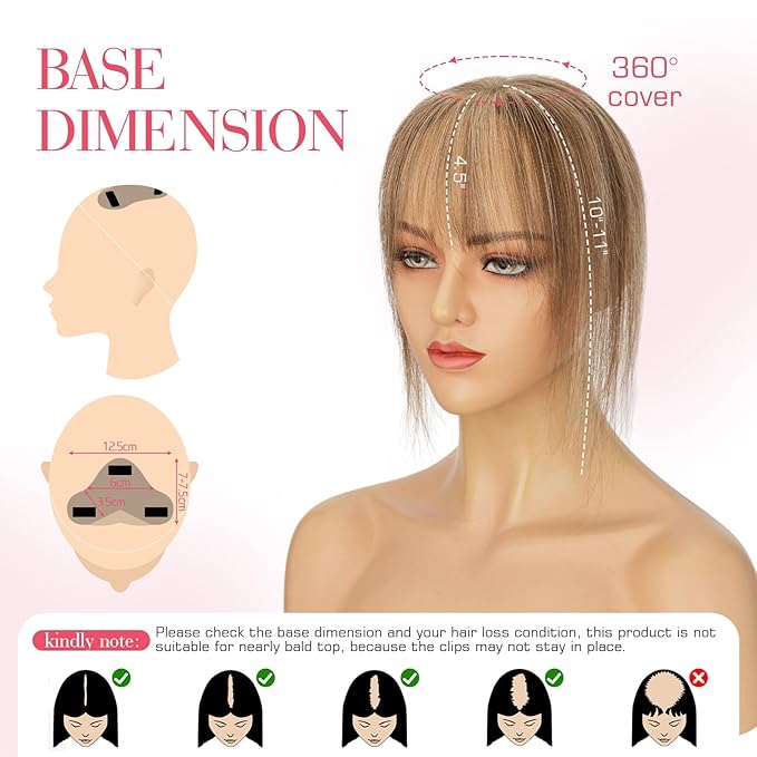 Hairro Clip In Bangs For Women Remy Short Thin Wispy Hair Topper Hairpieces 3D Cover Fake Highlight Bangs Hair Clip 11 Inches 14.5g #4P27 Medium Brown Mix Dark Blonde