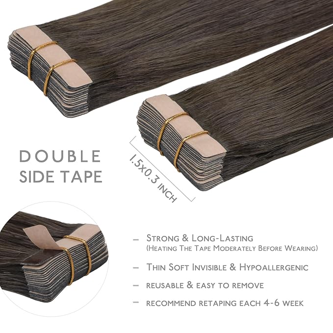 WENNALIFE Tape in Hair Extensions Human Hair, 20pcs 50g 24 inch Cool Dark Brown Remy Hair Extensions Straight Human Hair Tape in Extensions Skin Weft Tape Extensions
