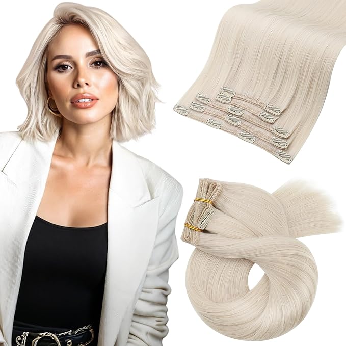Moresoo Blonde Hair Extensions Clip ins Human Hair White Blonde Clip in Hair Extensions Real Human Hair Double Weft Blonde #60A 5pcs/70g 12 inch