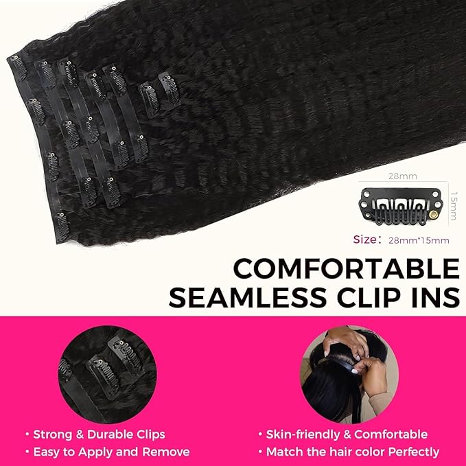 Lashey Seamless Clip in Hair Extensions Human Hair 7pcs 110g Kinky Straight, #1 Jet Black 16 Inch Clip in for Women