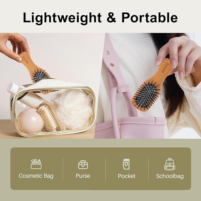 RHOS Mini Hair Brush for Women,Men and Kids-Travel Size Hair Brush for Purse,Pocket,backpack-Small Cushion Paddle Brush with Soft Bristles-Mini Detangler Brush for All Hair Types(1 Pack-Beech)