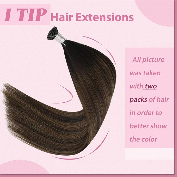 YoungSee I Tip Hair Extensions Brown 24 Inch Itip Hair Extensions Real Human Hair Dark Brown Balayage with Brown Itips Hair Extension Human Hair Ombre I-Tip Extension Long Hair 50g 50s