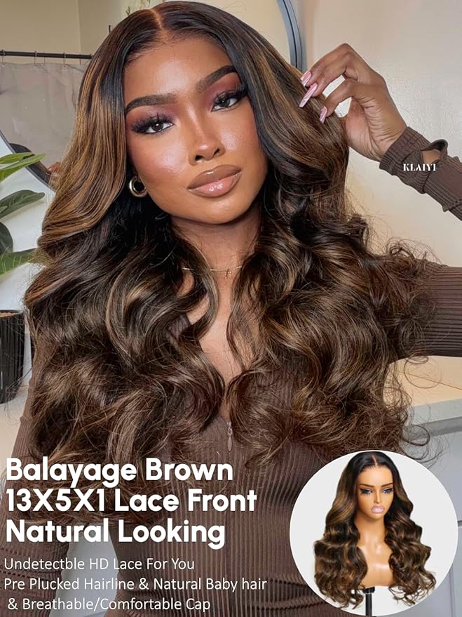 KLAIYI Ombre Brown Body Wave Lace Front Wigs Human Hair Highlight Balayage 13x4x1 T Part Ear to Ear Lace Wig Pre Plucked with Baby Hair Easy to Wear and Go Wigs for Black Women Natural Hairline 16Inch
