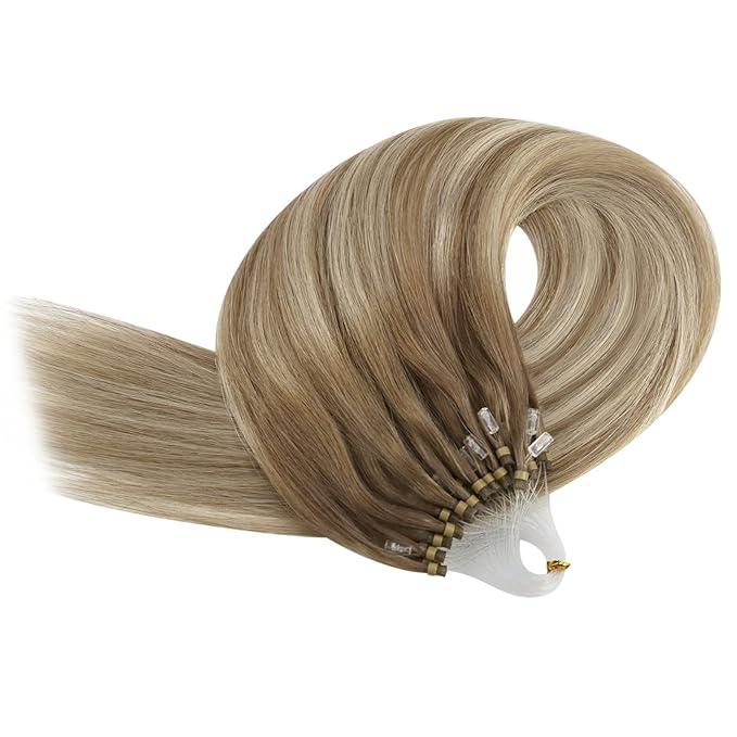 YoungSee Micro Bead Hair Extensions Real Human Hair Ombre Micro Loop Hair Extensions Real Human Hair Balayage Brown Micro-Ring Hair Extension Light Brown Balayage Blonde 16In 50s 50g