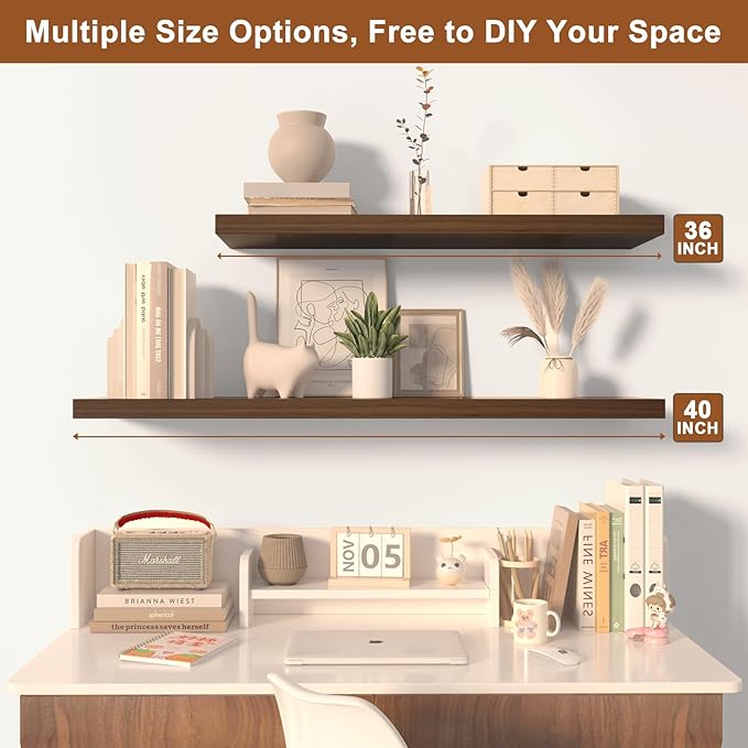 12 Inch Deep Floating Shelves for Wall 2 Pack Floating Shelves Large Storage Space Wall Mount Shelf for Living Room Kitchen Bathroom 36" W x 12" D x 1.2" H Walnut