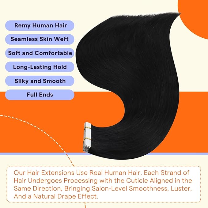Full Shine Black Tape in Extensions Real Human Hair 24 Inch Color 1 Jet Black Invisible Soft Human Hair Tape in Extensions 20 Pieces 50grams Seamless Skin Weft Remy Extensions Add Length