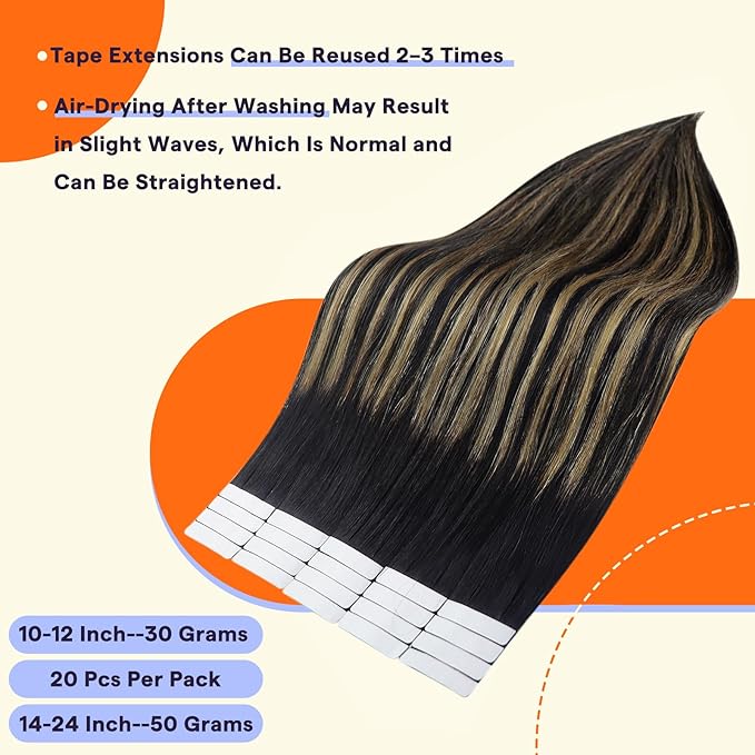 Full Shine Tape Ins Human Hair Extensions Color 1B/27/1B Black with Blonde 24 Inch Invisible Seamless Skin Weft Remy Human Hair Tape in Extensions 50g Straight Soft and Silky Hair 20PCS Add Length