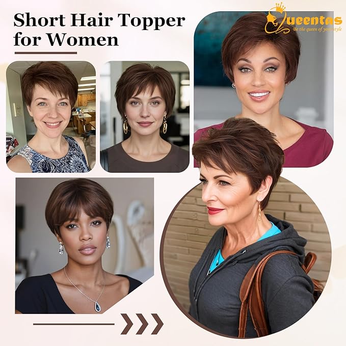 QUEENTAS Brown Short Hair Toppers for Women with Thinning Hair 360°3D Cover with 3 Clips Hair Pieces Wispy Bangs 4.6"*3.6" Coverage(Chocolate Brown/#4)