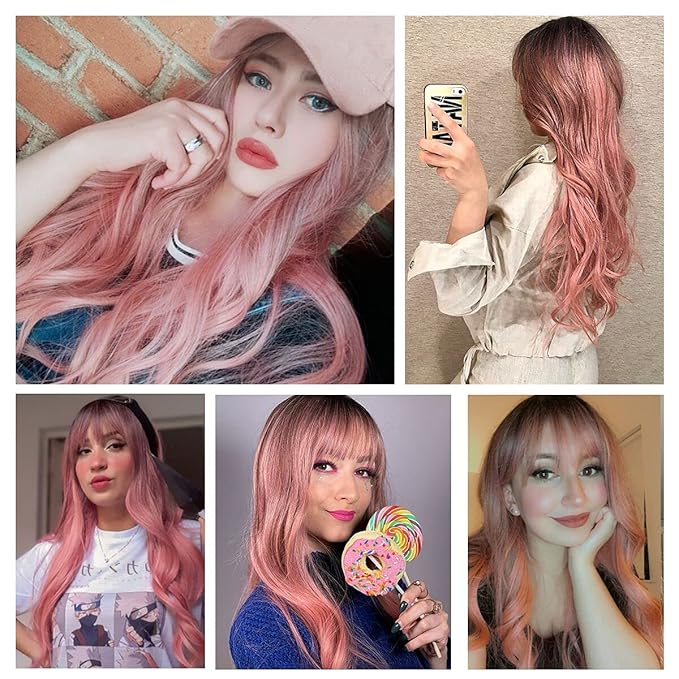 EMMOR Long Ombre Pink Wig for Women - Natural Curly Hair Synthetic Wigs With Bang Dark Root, Party Cosplay Daily Use (2pcs Free Wig Cap)