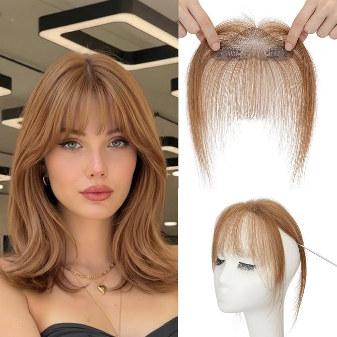 Benehair Clip on Bangs Human Hair, Front Hair Extensions for Women Hair Pieces with Temples for Daily Wear (Light Brown)