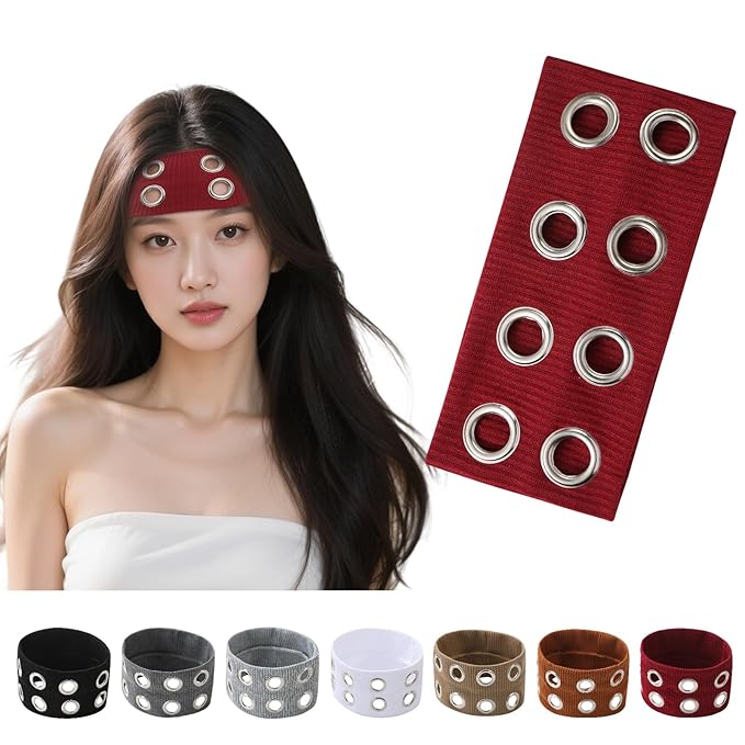 papasgix Grommet Headband for Women, Y2K Elastic Headband Wide Black Hair Band with Holes Metal Rock Style 2000s Hair Accessories (1, Wine Red)