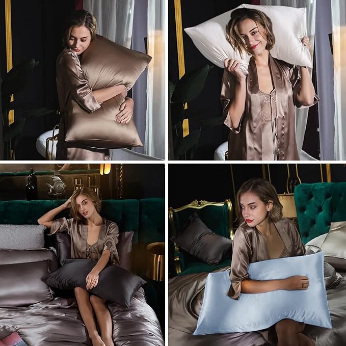 Silk Pillow Cases 2 Pack, Mulberry Silk Pillowcases Standard Set of 2, Smooth, Anti Acne, Beauty Sleep, Both Sides Natural Silk Satin Pillow Cases for Women 2 Pack with Zipper for Gift, Lavender