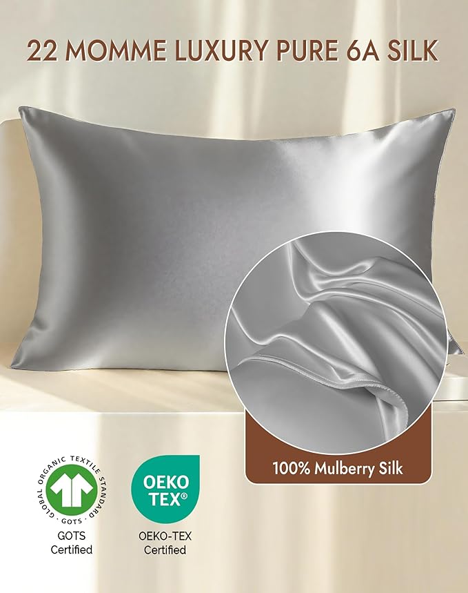 SilkSilky 100% Mulberry Silk Pillowcase - Pure 22 Momme High-Grade 6A Fibers for Hair & Skin, Envelope Closure, Natural, Organic, Breathable & Cooling Pillow Case (King, Silver)