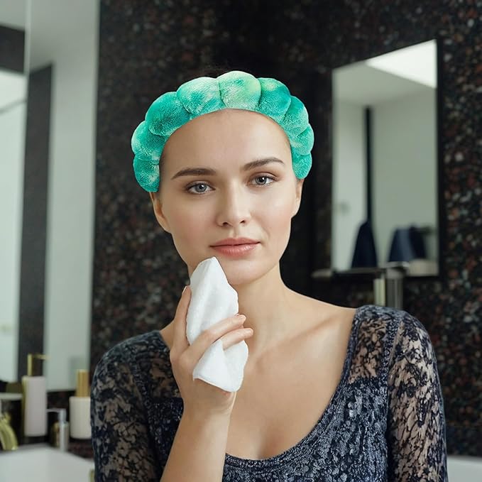 7 Pcs Spa Set, Facial Headband and Wristband Set, Skincare Accessories, College Style Girl Idea Gifts, Hair Accessories for Women and Girls (Tie Dye Green