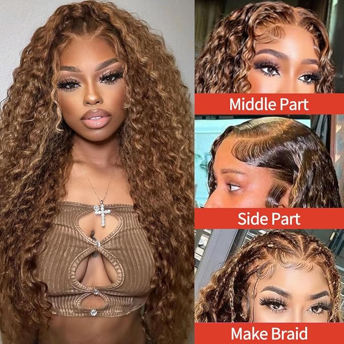 Highlight Ombre 13x6 Lace Front Wig Human Hair Deep Wave Honey Blonde Glueless HD Transparent Lace Frontal Wigs for Women 180 Density Human Hair (highlight ombre deep wave, 26 inch)