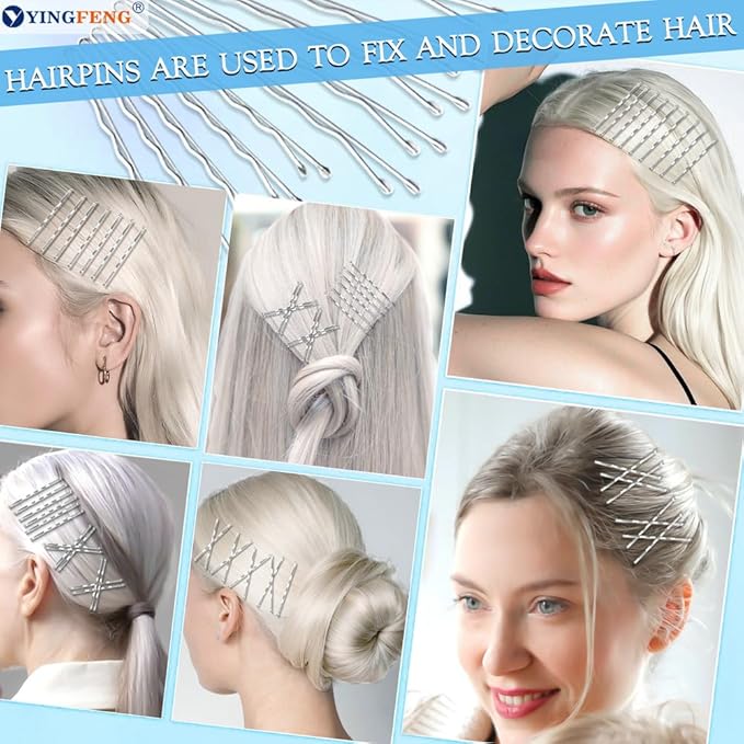 510PCS Silve Bobby Pins Hair Pins Kit with Hair Net, YINGFENG Includes 100 Bobby Pins for Women, 100 U-Shaped Buns Hair Clips, 300 Hair Bands and 10 White Hair Nets, for Gray Hair