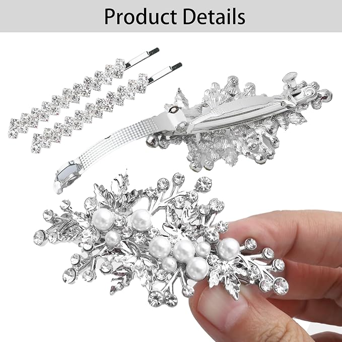 4PCS Rhinestone Pearl Hair Clips, Wedding Bridal Leaf Hair Barrette, Sparkly Glitter Hair Pins Accessories for Women and Girls