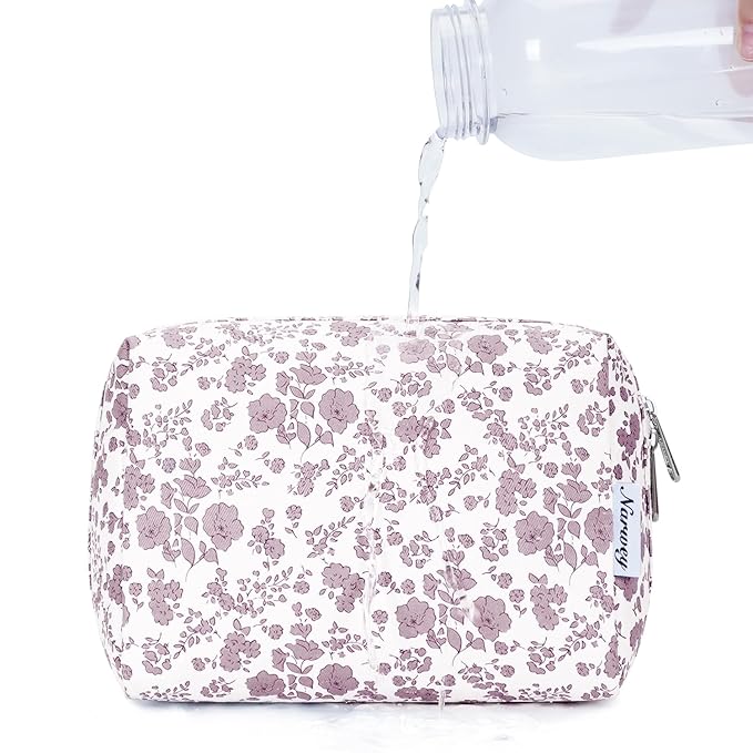 Narwey Small Cute Floral Makeup Bag for Purse Mini Cosmetic Bag Travel Makeup Pouch Zipper Pouch Cute Make up Bags with Compartments for Women Girls (Little Dusty Pink Flower, Small)