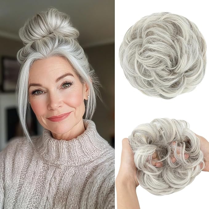 CJL HAIR Large Messy Bun Hair Piece Wavy Curly Scrunchies Synthetic Chignon Ponytail Hair Extensions Thick Updo Hairpieces for Women Grey Multi
