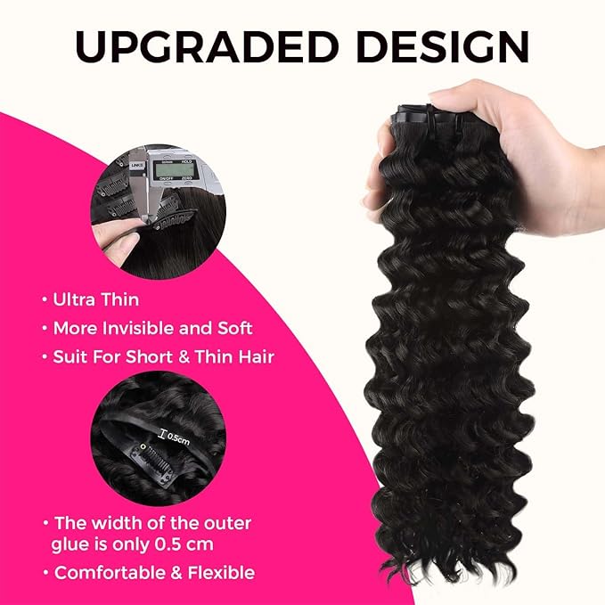 Lashey Clip in Hair Extensions 110g 7pcs Deep Wave Seamless Clip in Hair Extensions Human Hair 18 Inch Natual Black Thick Human Hair Clip ins Extensions for Women
