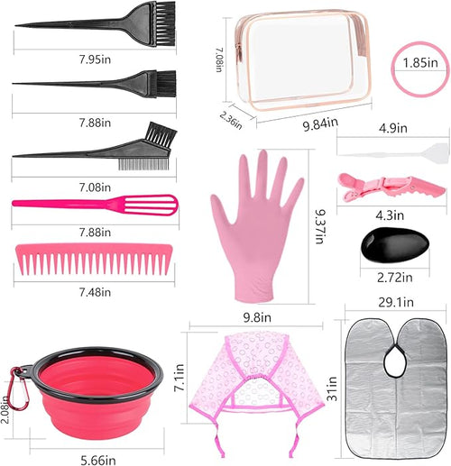 32 Pcs Hair Dye Coloring Kit,Hair Dye Tools for DIY Salon.Hair Dye Brush and Bowl Set/Highlighting Frosting Cap with Plastic Hooks/Dye Brush/Ear Cover/Gloves/Comb/Hairpin/Hair Coloring Cape(Pink)