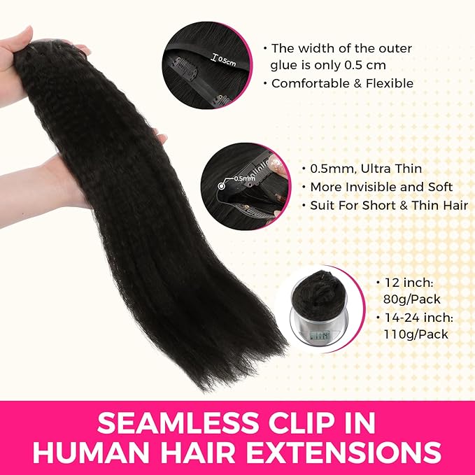 Lashey Clip in Hair Extensions Real Human Hair 110g Kinky Straight Seamless Clip in Hair Extensions Natural Black 18 Inch Human Hair with Invisi Edge for Black Women