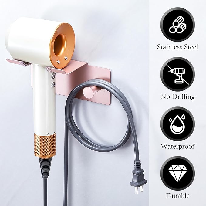 Hair Dryer Holder Wall Mount, Blow Dryer Holder for Wall, Adhesive Hairdryer Holders, Stainless Steel Blowdryer Holders Bathroom Hair Tool Organizer Hair Dryer Hanger Hook with Cord Storage(Rose Gold)