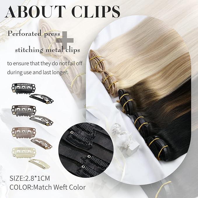 Moresoo Seamless Clip in Hair Extensions Human Hair Black And Grey Silver Ombre Human Hair Extensions Clip ins Long for Women Pure Weft Invisible 120g/7pcs 22 inch