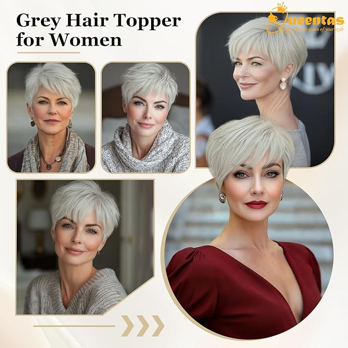 QUEENTAS Grey Hair Toppers for Women with Thinning Hair 360°3D Cover with 5 Clips Short Hair Pieces Wispy Bangs 6"*6" Large Coverage(Gray)
