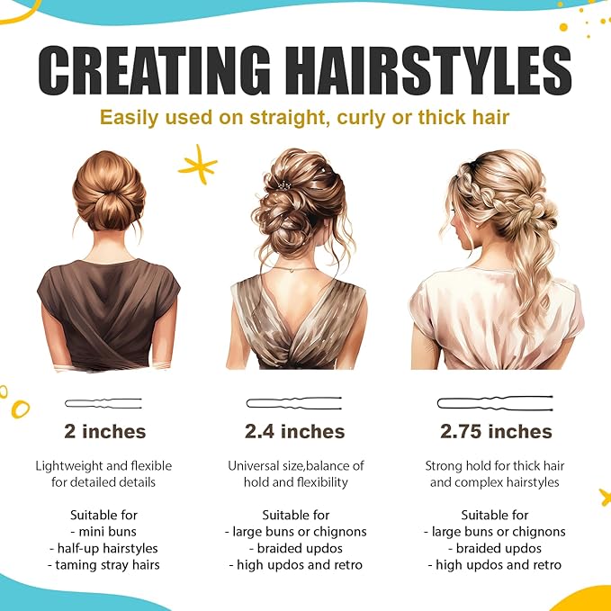 HOYOLS U Shaped Hair Bobby Pins Assorted Size, Secure Hold Metal Bun Clips Crimped Design with Ball Tips for Women Girls Updo Thin Thick Hair, 150 Count (Black)