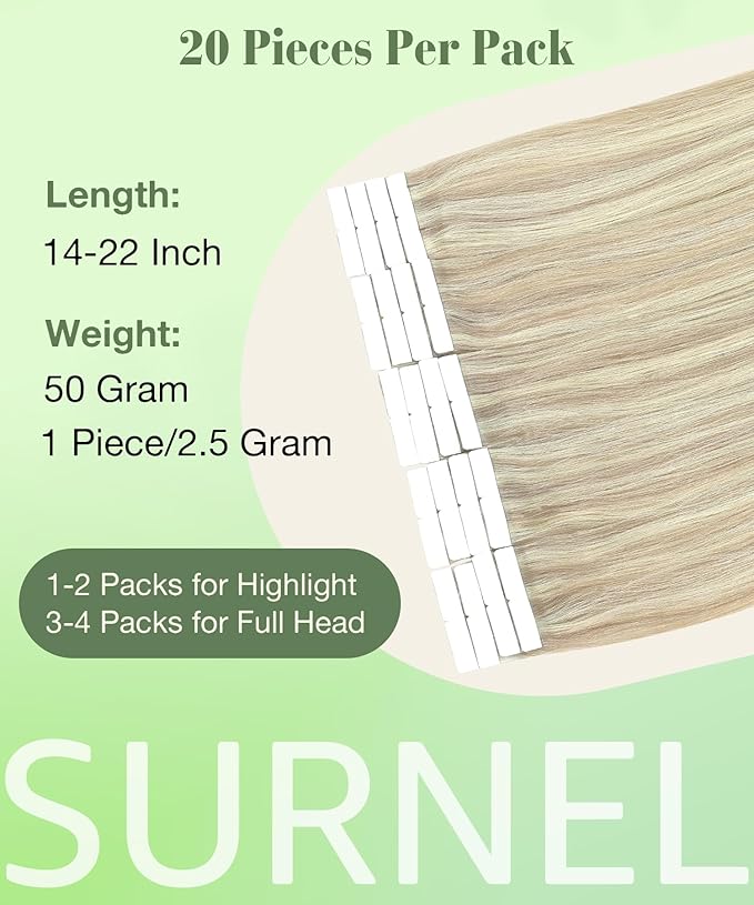 SURNEL Tape in Hair Extensions Ash Blonde Highlight Bleach Blonde Tape in Human Hair Extensions 16 inch 20pcs 50g(#18P613-16)
