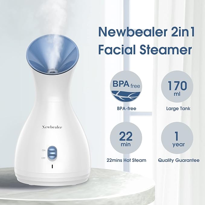 Newbealer 2in1 Facial Steamer, Hot Mist Facial Aromatherapy Humidifier Atomizer, Large Face Steamer Unclogs Pores Sinuses Moisturizing, Home Sauna Spa with Eyebrow Set (Blue, 170ml)