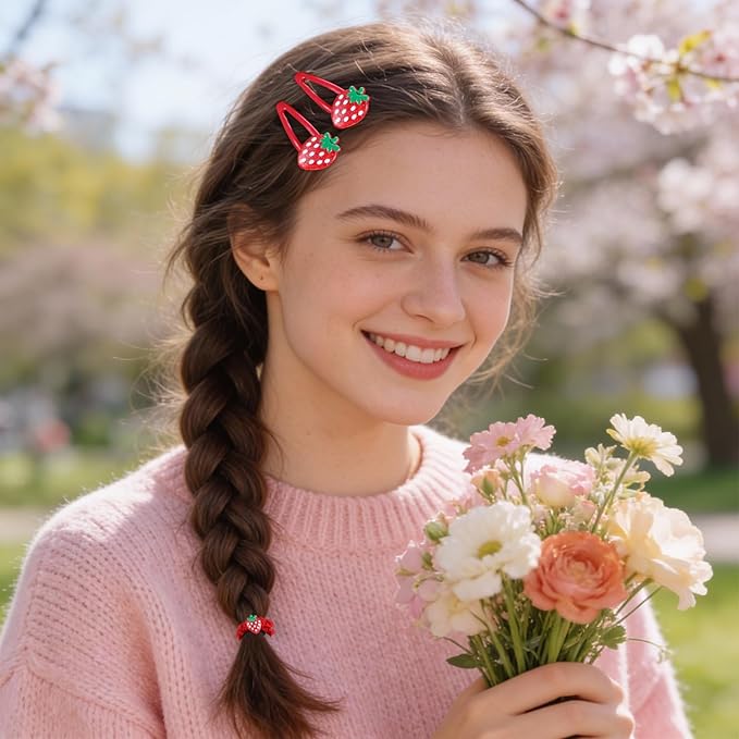5PCS Strawberry Hair Clip and Hair Tie set, Fruit Metal Snap Accessories, Red Elastics No Damage Soft Rubber Hairbands, Cute Strawberry Accessories for Girls Toddlers Kids and Teens