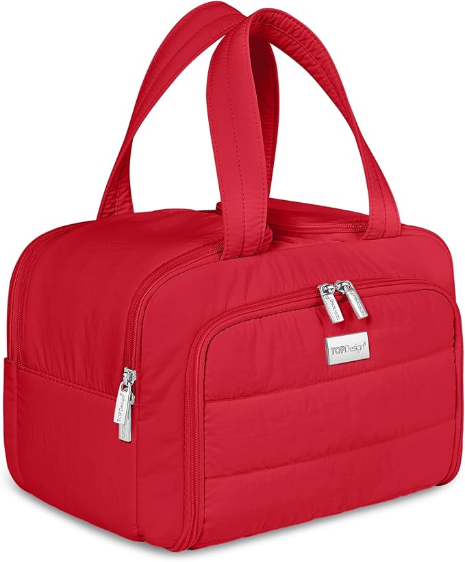 TOPDesign Travel Toiletry Bag for Women, Puffer Large Toiletry Bag, Lightweight Cosmetic Makeup Organizer with Handle for Traveling, Accessories, Essentials, Toiletries (Red)