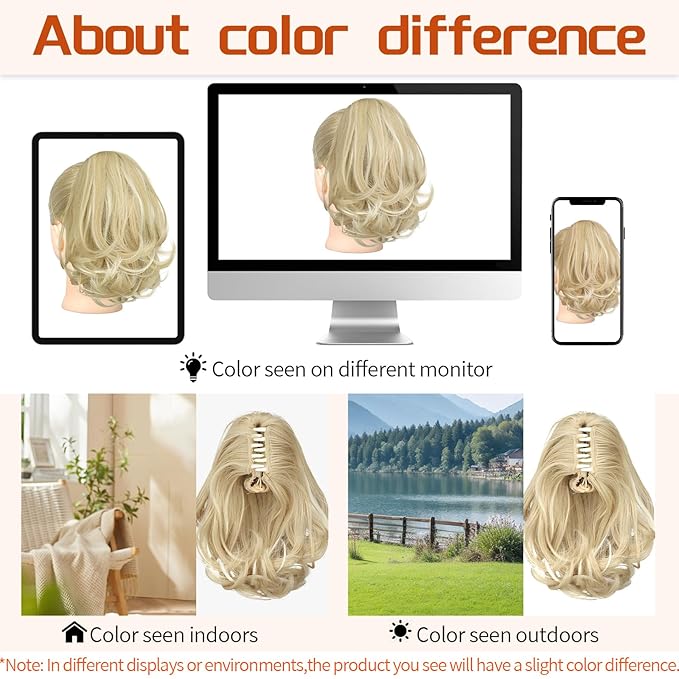 KooKaStyle Ponytail Extension, 10" Short Claw Clip in Pony Tails Hair Extensions Curly Wavy Synthetic Drawstring Hairpieces for Women(Blonde with White Highlights)